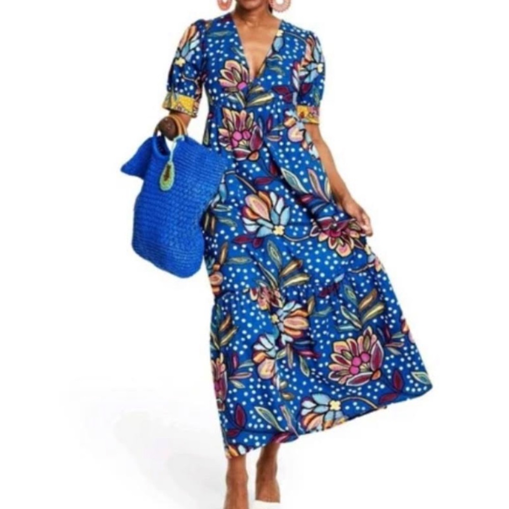 Tabitha Brown x Target Mixed Floral/Polka Dot Print Puff Sleeve Blue Dress